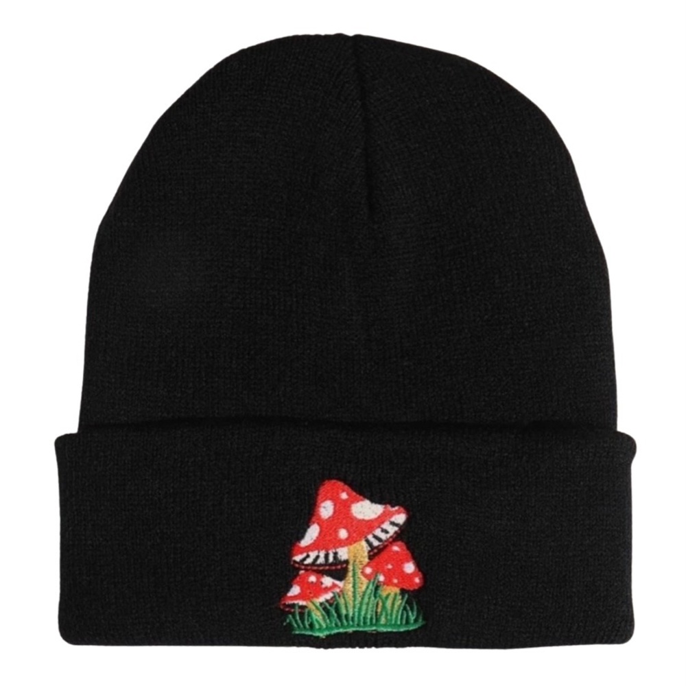 Mushroom Embroidered Beanie Embroidery Patch Hat Skull Cap Black Magic Shroom - Picture 1 of 3